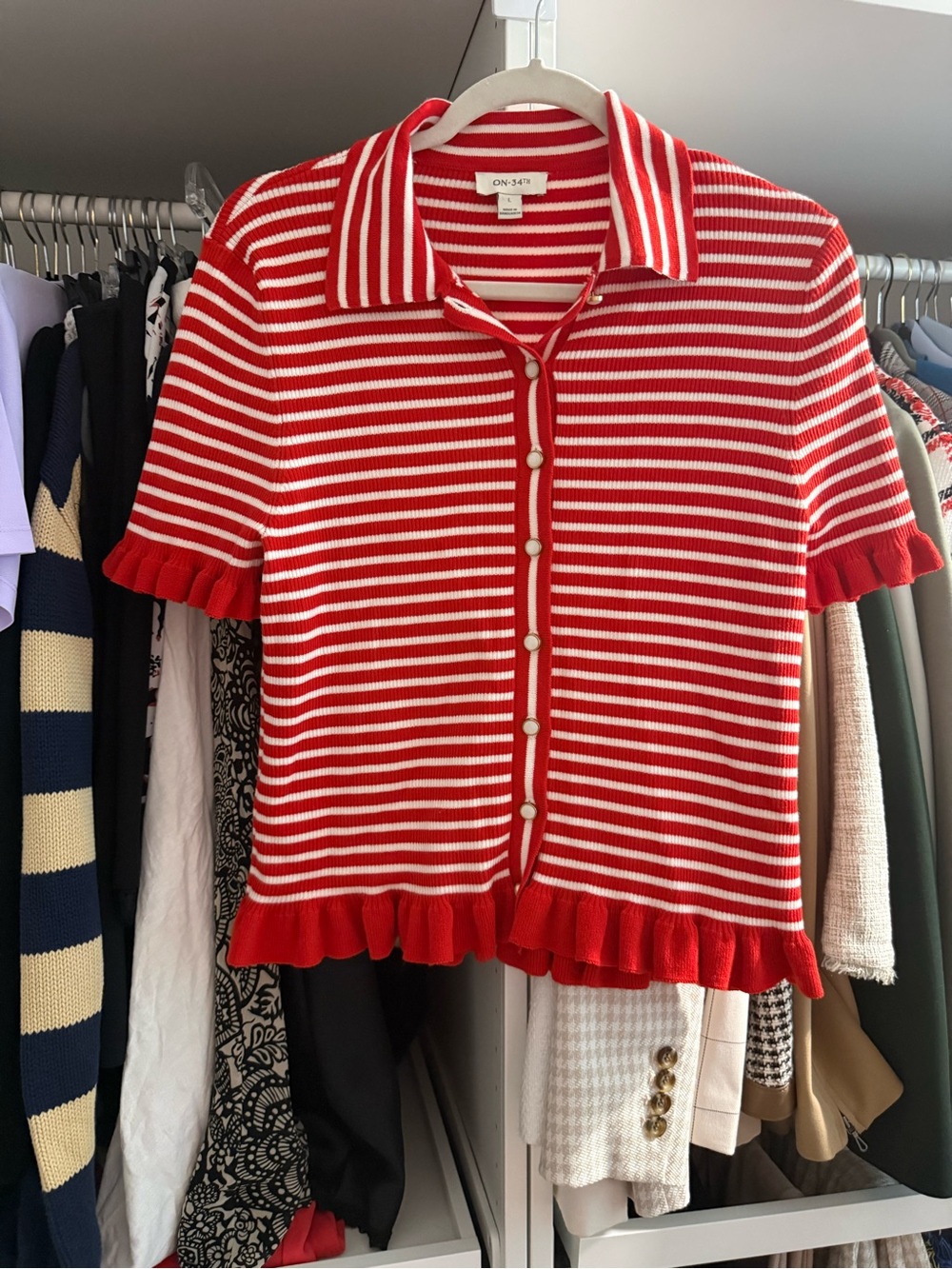 Red and White Striped Knit Polo Cardigan -